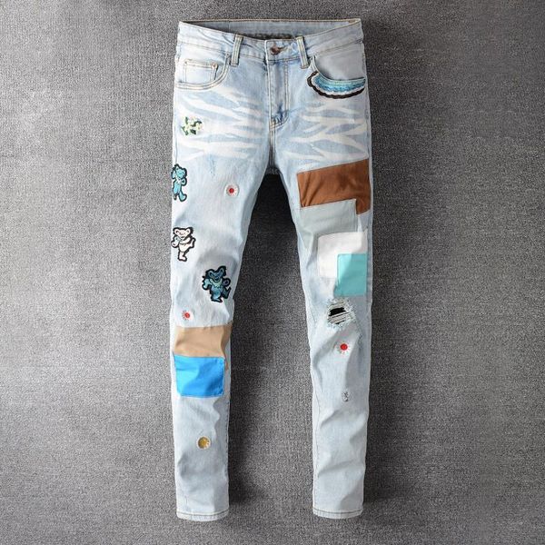 

men's jeans 2021 summer bear embroidery patchwork hip-hop light blue street ripped elastic denim skinny