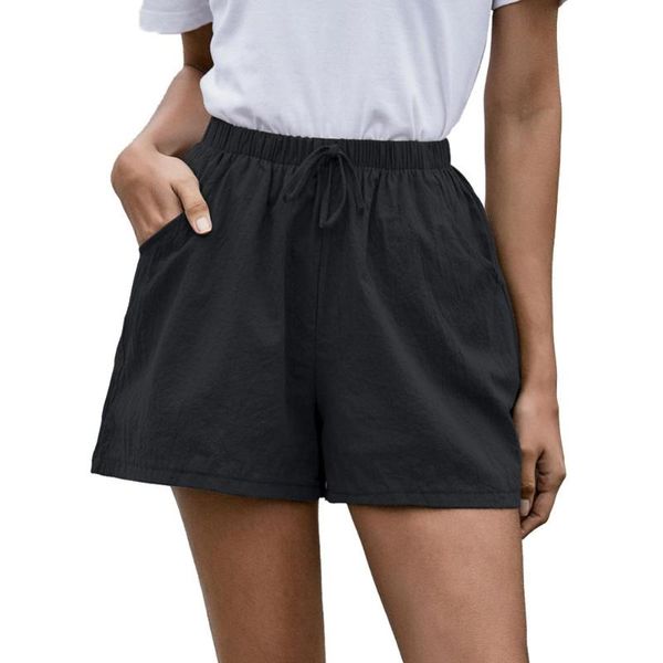 

summer casual cotton linen shorts women solid color high waist drawstring pockets wide leg minipants women's, White;black