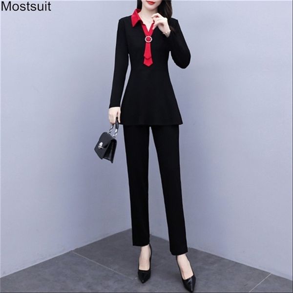 Autunno moda elegante set a due pezzi per le donne 5xl Plus Size manica lunga colletto rovesciato tunica top e tailleur pantalone abiti 210513