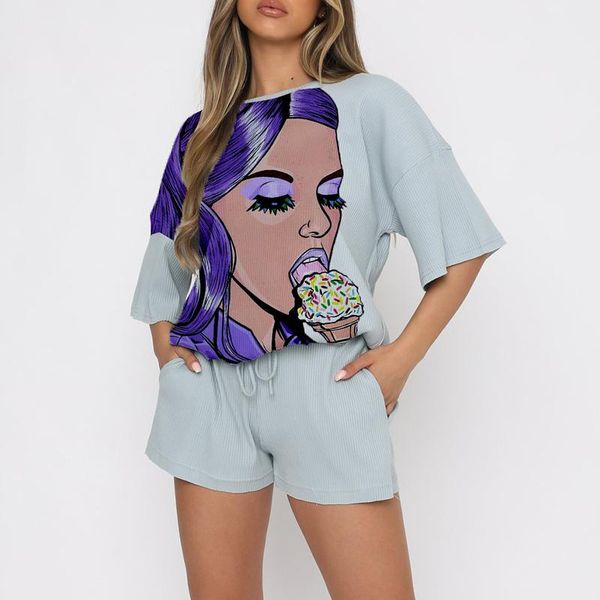 

women's tracksuits women cartoon print 2 piece sets tracksuit summer t-shirt drawstring shorts suit sweatpants outfits streetwear home, Gray