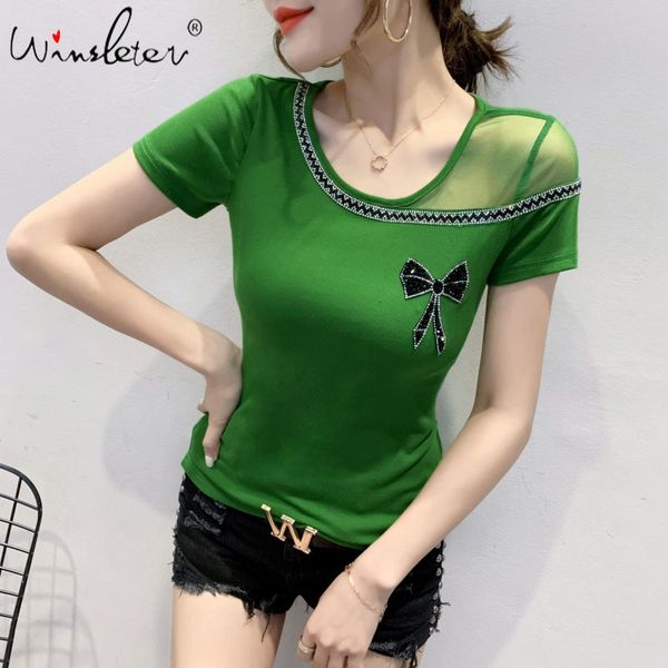 

women's t-shirt summer korean clothes t-shirt fashion o-neck diamonds bowknot women ropa mujer short sleeve all match te, White
