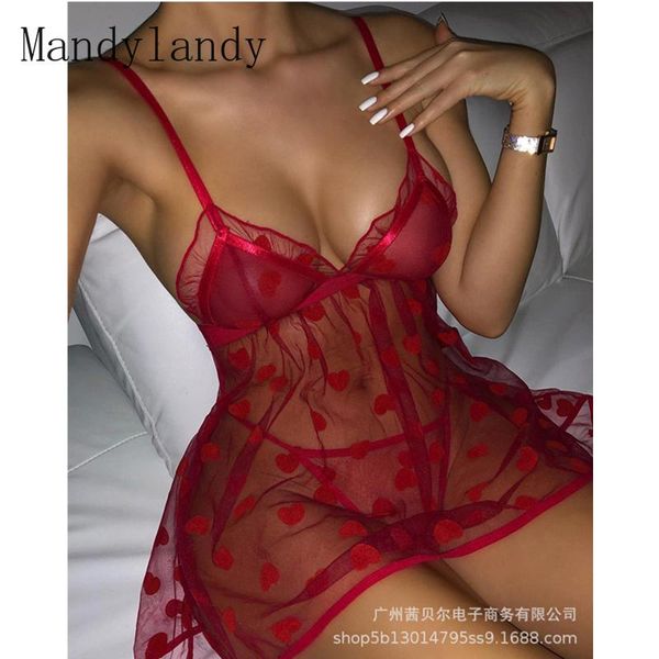 

women's sleepwear mandylandy lace heart mesh hollow out nightdress + brief two piece set deep v backless nightwear erotic underwear, Black;red