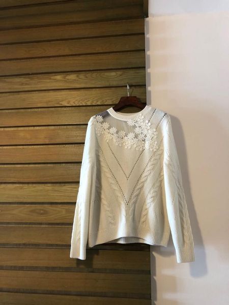 

women's sweaters ladies 2021 fashion long-sleeved casual mesh embroidery water-soluble semi-perspective shoulder pullover 1109, White;black