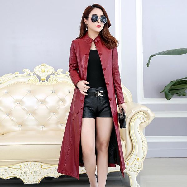 

women's leather & faux women jacket with belt ladies red fashion washed trench coats female long sheepskin outerwear 5xl, Black