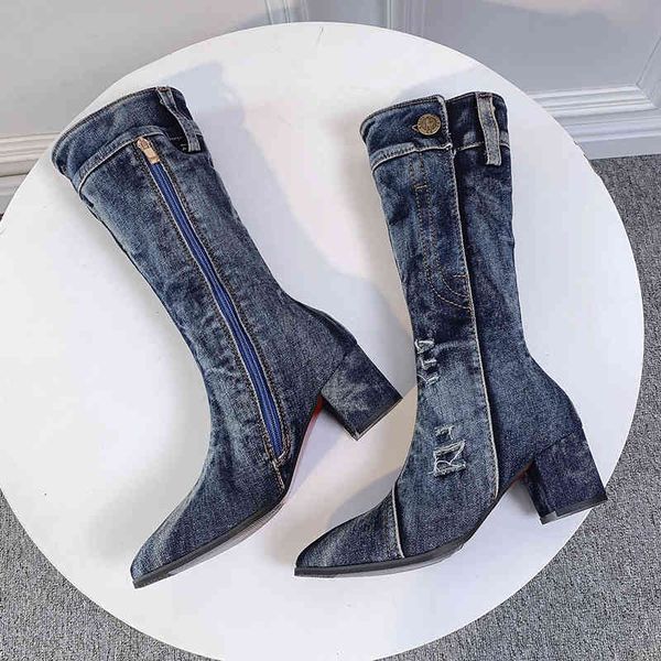 

boots jean women's mid calf zipper high heel woman stylish jeans ladies denim female shoes cowboy 5ehc, Black