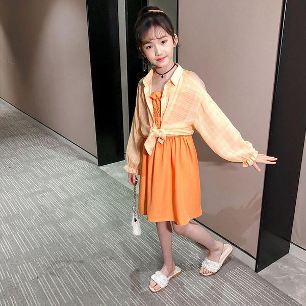 

kids clothes spring girls plaid shirt sun protection suit and suspender skirt 2 piece sets fashion dress clothing, White