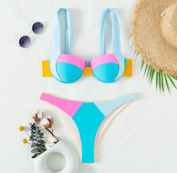 

one-piece suits 2021 split swimsuit plain fabric stitching steel back bikini halter ladies