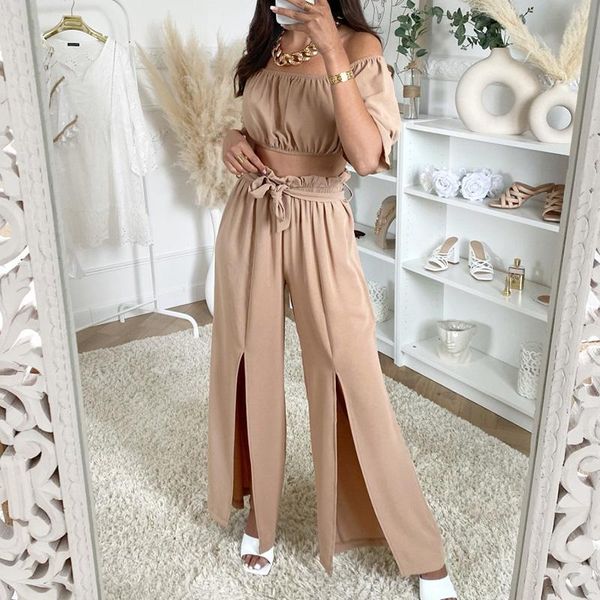 

agong slash neck suits women fashion solid half sleeve high waisted suit elegant full length pants female ladies women's two piece, White