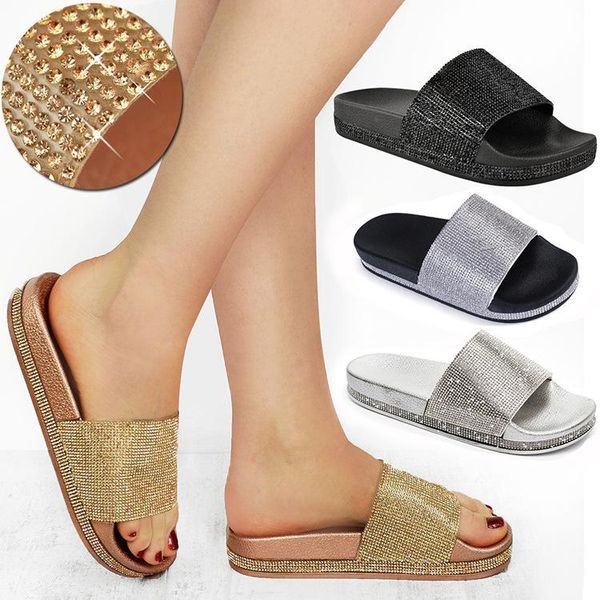 

slippers enplei rhinestone women flip flops summer crystal diamond bling beach slides sandals casual shoes slip on slipper, Black