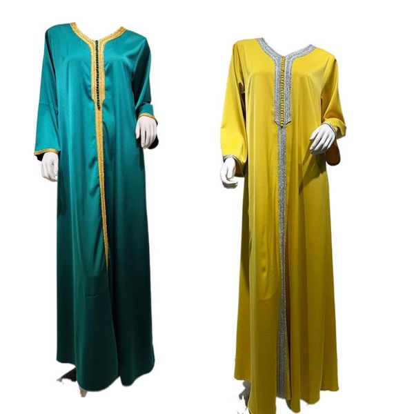 

summer a-line wide sleeve casual loose long satin silk robe galabia dress with border lace trim for woman saudi arabia clothing ethnic, Red