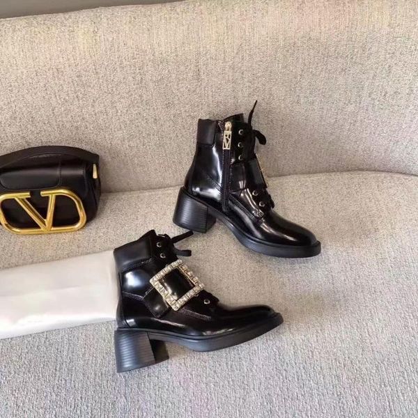 

boots winter shoes woman patent leather ankle round toes chunky heels metal decora, Black