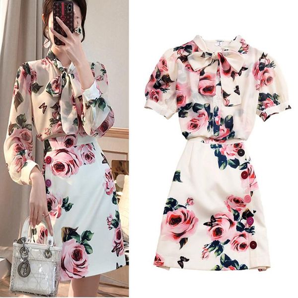 

two piece dress runway style 2-piece women's summer two-piece rose print bowknot shirt and slim buttoned ladies skirt set ns641, White