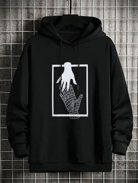 

men geo & hands print drawstring hoodie 159q#, Black