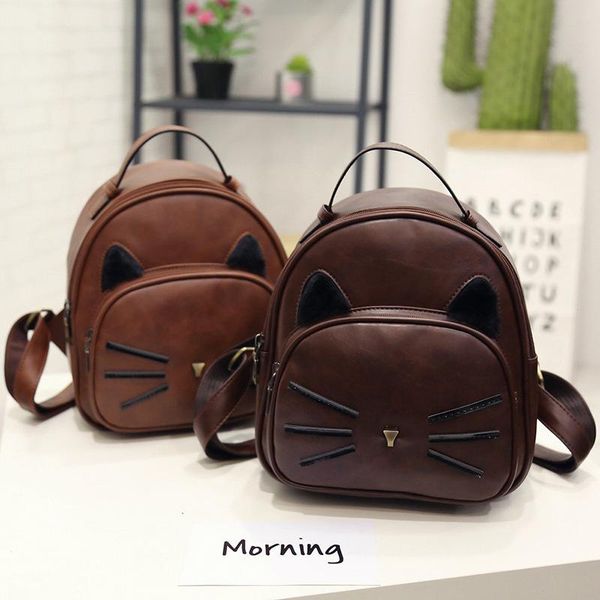 

backpack for women 2021 cute kitten vintage pu leather primary school students