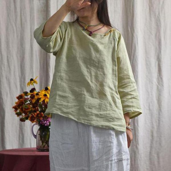 

women's blouses & shirts johnature 2021 spring blouse women clothes casual shirt o-neck three quarter sleeve solid color leisure concis, White