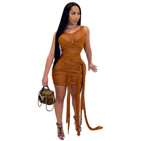 

casual dresses sheer mesh bandage mini dress for women 2021 o neck sleeveless see through lace up night club party plus size 4xl, Black;gray