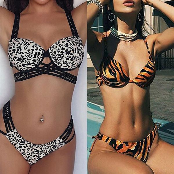 

fashion 2pcs bikini set leopard print push-up bra swimwear swimsuit 2021 women high waist bathing suit women's, White;black