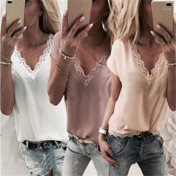 

summer fashion casual women ladies t-shirts short sleeve v-neck lace floral solid women's t-shirt, White
