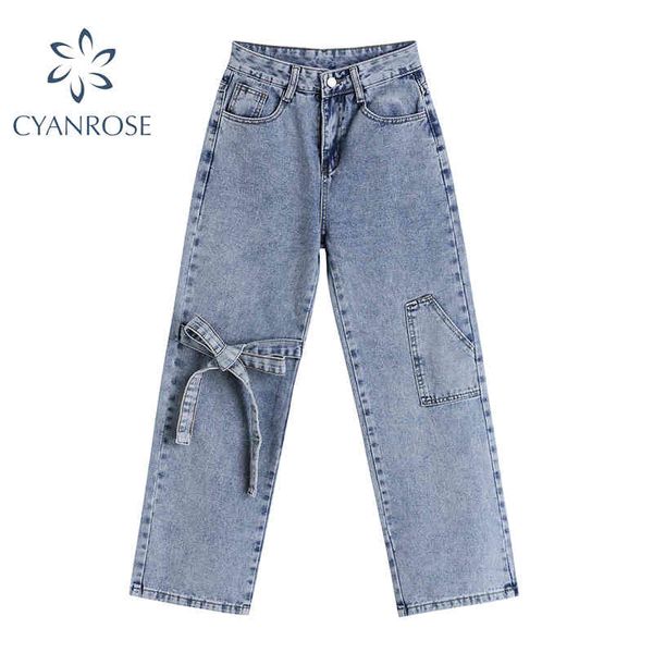 

new summer vintage jeans woman high waist baggy bownot design loose casual streetwear fashion harajuku denim wide leg pants 210417, Blue