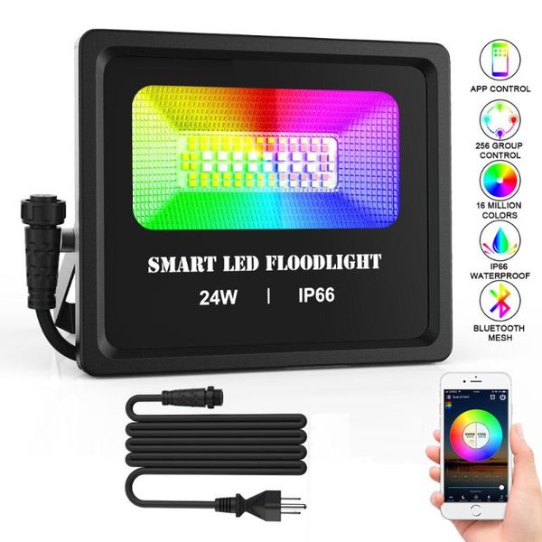 

6pcs 24w smart led floodlight bluetooth mesh app group voice control rgb cold warn light outdoor spotlight stage lighting floodlights