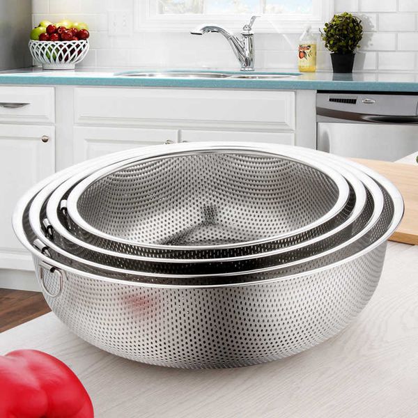 Qualidade de aço inoxidável Colander Pro Coador de Cozinha Lavagem Tigela Vegetal Frutas Escorredura Peneira Com Hang Ring Fine 2mm Buraco 210626