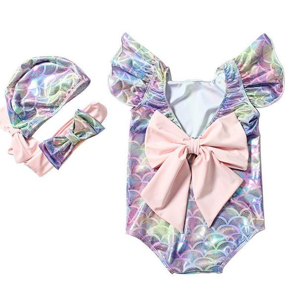 

2~8y toddler baby girl swimwear one piece girls swimsuit 3pcs/set hat hairband children kids beach wear bathing suits one-pieces, Black
