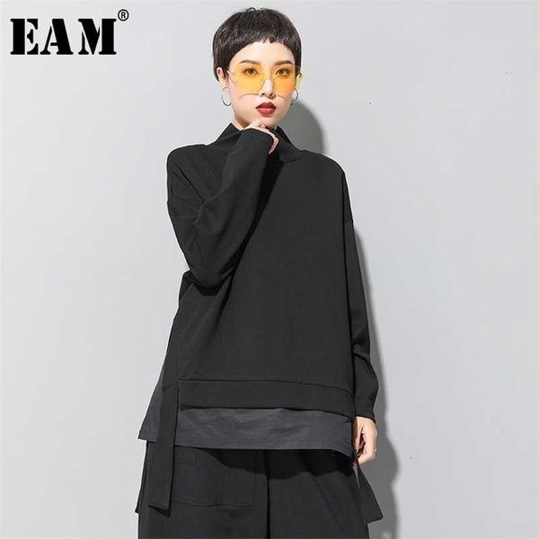 

[eam] loose fit asymmetrical oversized sweatshirt high collar long sleeve women big size fashion spring autumn 19a-a124 210927, Black