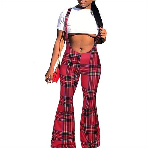 

plaid sleeveless high women jumpsuits waisted bell flare pants long suspender trousers romper female checkerboard playsuit, Black;white