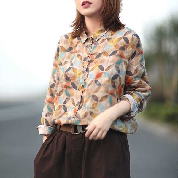 

arrival spring autumn arts style women long sleeve loose shirts vintage cotton linen turn-down collar print blouse v73 210608, White