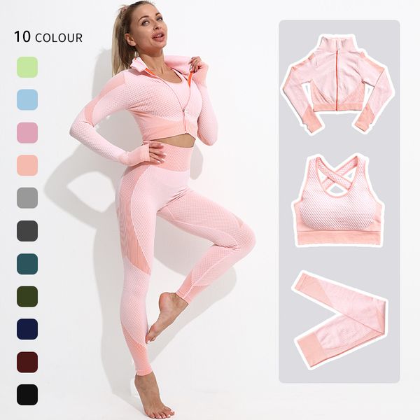 

womens gym set yoga leggings high waist pant jacket sports bra tracksuits 3pcs fitness breathable active clothing woman yoga workout sets fa, Gray