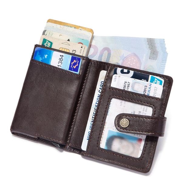 

card holders cow leather rfid holder men money bag male thin aluminium metal wallet 2021 zipper small slim mini magic up, Brown;gray