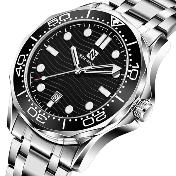 

wristwatches ben nevis quartz watch men business stainless steel strap luminous hands calendar male sport clock fashion blue dial reloj, Slivery;brown