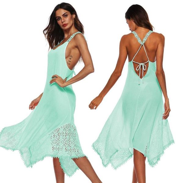 

casual dresses women backless lacing irregular lace hem plus size low-cut midi beach dress fashion sleeveless spaghetti strap, Black;gray