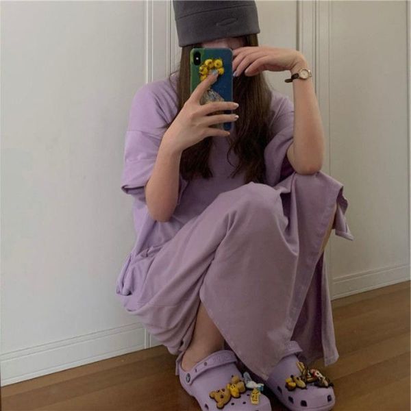 

casual dresses dress women all-match side-slit solid o-neck oversize l-4xl boyfriend loose-waist straight cool girls ulzzang female ins est, Black;gray