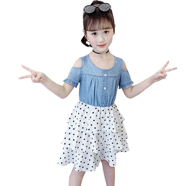 

girl summer dress dot pattern for girls patchwork children denim tiered children's costumes 210528, Red;yellow