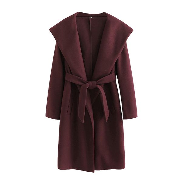 

blsqr wine red wool long trench coat with belt women elegant sleeve winter pockets overcoat casual outerwear coats 210430, Black