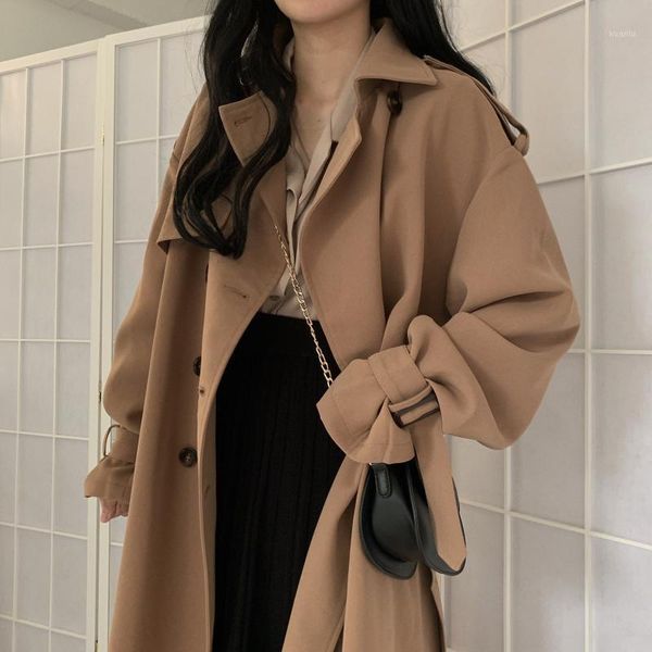 

women's trench coats real price dress retro casual long over the knee waist loose windbreaker jacket women korean fashion, Tan;black