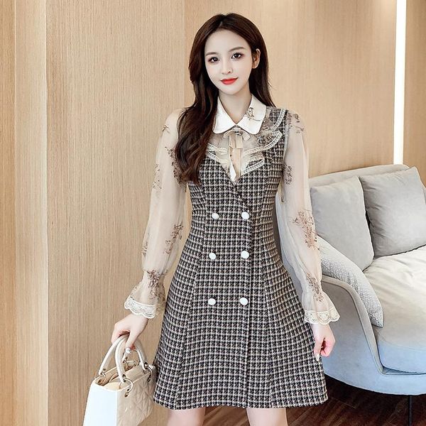 

casual dresses dress 2021 autumn sequin embroidery mesh sleeve stitching plaid doll collar female fashion women's clothing, Black;gray
