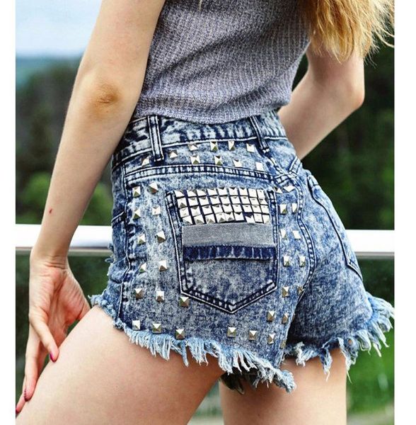 

european and american ripped denim loose shorts rivet women's, White;black