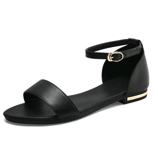 

sandals 2021 summer genuine leather shoes women ankle strap flats woman beach female large size 33-46, Black