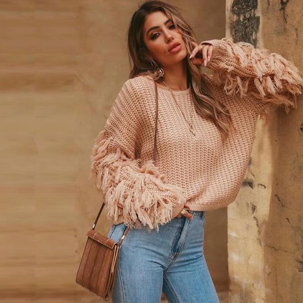 

women's sweaters vintage tassel knitted sweater women pullover loose casual army green winter female o neck 2021 autumn jumper pull fem, White;black