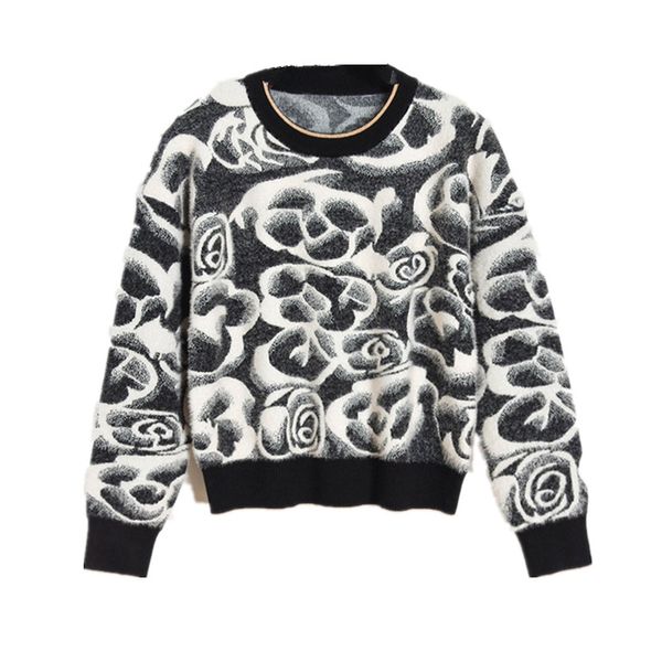 

sweaters fashion winter black white floral print jacquard pullover sweater women warm o neck knitted sewater jumper, White;black