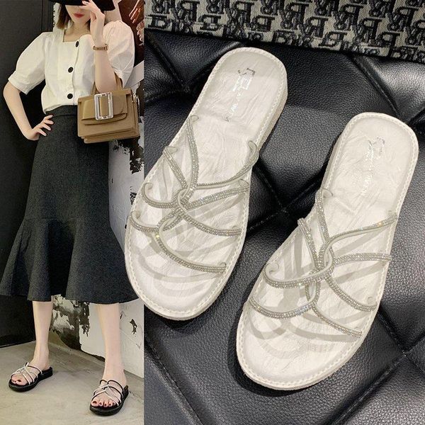 

slippers roman women wear 2021 summer open-toed cross thin belt rhinestone sandals and beach shoes z869, Black