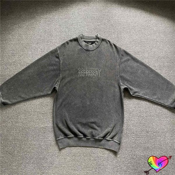 

men's hoodies & sweatshirts wash grey represent men women 1:1 vintage embroidered logo hoodie oversize crewneck pullover, Black