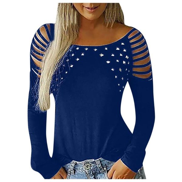 

women fashion cutout drilling long sleeve shirt neck hollow-out studded shirts casual solid color #lr2 women's blouses &, White