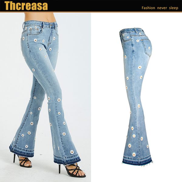 

flower embroidered flare denies women's pants in vintage female spring jeans, Blue