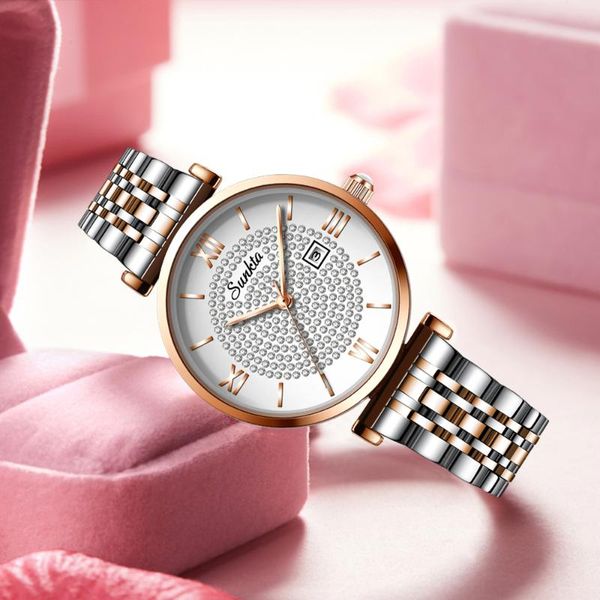 

wristwatches sunkta diamond watches for women ladies rose gold watch creative simple casual dress japan quartz movt female, Slivery;brown
