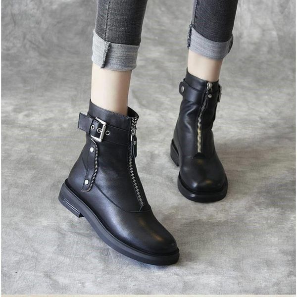 

boots fashion 2021 spring autumn women's shoes front zipper button low heel ankle black white