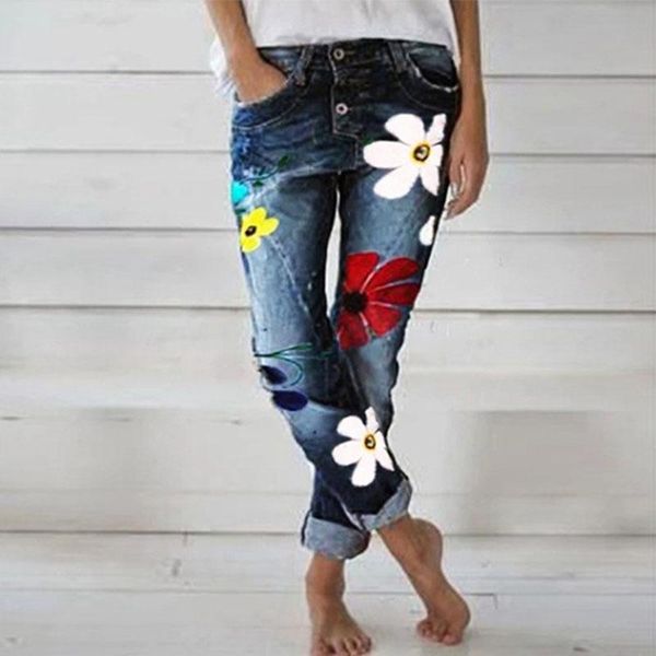 

women floral jeans high waist flower print trousers with pockets casual bottoms straight denim cargo pants women's, Blue