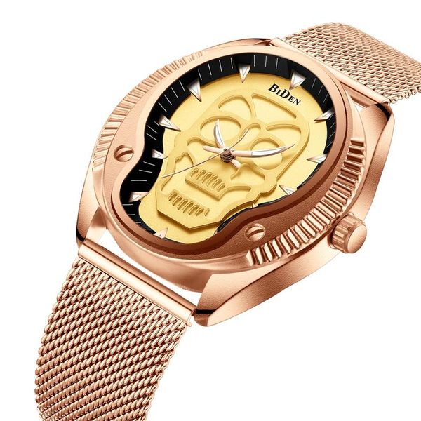 

wristwatches skeleton gold black men's cool watch man stainless steel quartz wrist watches waterproof luxury business men skull clock c, Slivery;brown